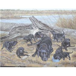 Oil painting entitled “Tired Mama” showing  Labrador retriever with her pups signed lower  left Will
