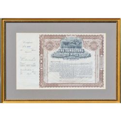 Original stock certificate un issued for the  Tombstone Consolidated Mines Company hand  signed by P