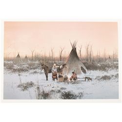 Beautiful large color print by famous Western  artist Michael Coleman entitled “Milk River  Camp” ap
