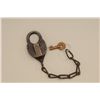 Image 1 : Railroad type iron lock and chain with key;  lock marked “W.F. CO. EX” in good condition.   Est.:  $