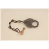 Image 3 : Railroad type iron lock and chain with key;  lock marked “W.F. CO. EX” in good condition.   Est.:  $