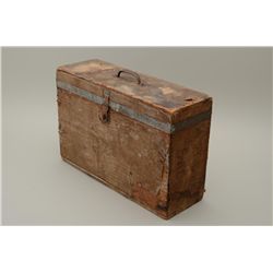 Old canvas covered wood document box approx.  12” in height x 18-1/2” long  x 6-1/2” wide  with part