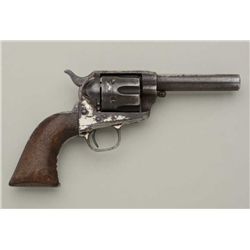 Colt SAA revolver, .44CF cal., barrel reduced  to 4-1/4” and ejector assembly removed,  nickel finis