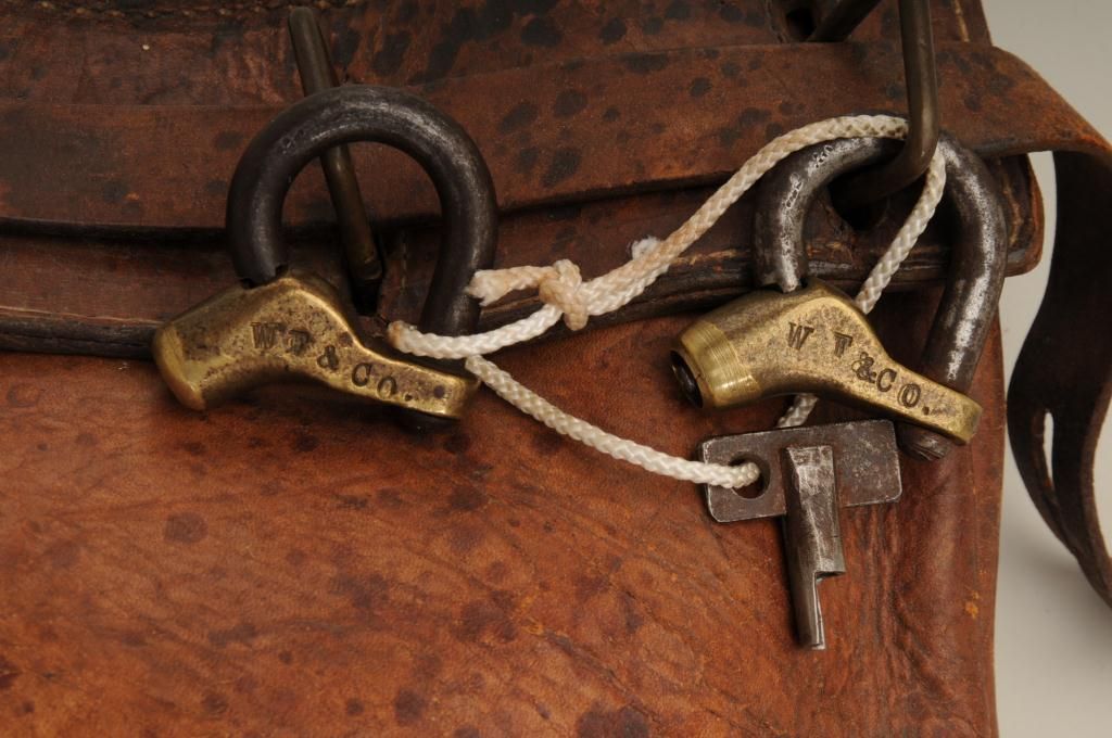 Leather moneybag or messenger bag with two original Wells Fargo marked