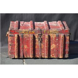 Large old wooden trunk with wooden drawer  insert, painted red and stenciled “W F” on  the lid and “