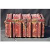 Large old wooden trunk with wooden drawer  insert, painted red and stenciled “W F” on  the lid and “