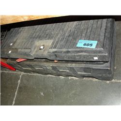 Black storage box filled with assorted tow hard