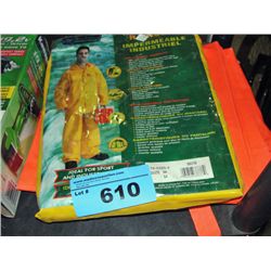 Set of yellow rain gear and a pair of orange