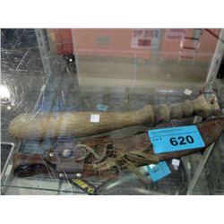 Leather hunting knive sheath and a wooden fish