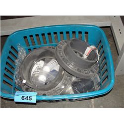 Blue laundry basket of assorted plumber/ pipe