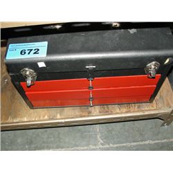 Red and grey metal toolbox and contents