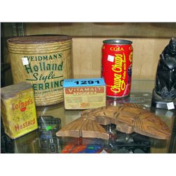 Shelf lot of collectors tins, native art, etc