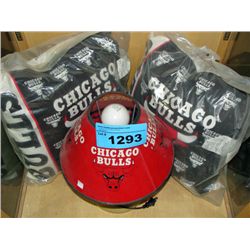 2 chicago bulls pillows and a table lamp
