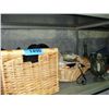 Image 1 : Shelf lot of misc items; wicker basket, doillies
