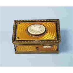 A fine antique German enamelled & gilt music box. Rectangular form, top and sides decorated with bur
