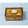 Image 1 : A fine antique German enamelled & gilt music box. Rectangular form, top and sides decorated with bur