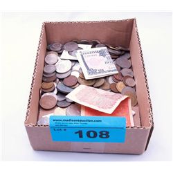 Box of assorted world coins and bank notes