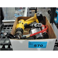 Box of assorted tools; dewault screw gun, air