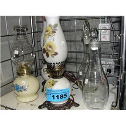 3 assorted lamps and 2 liqour decanters