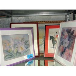 Shelf lot of pictures prints and a mirror
