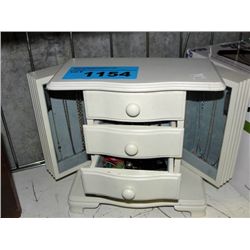 White dresser shaped jewelery box and contents