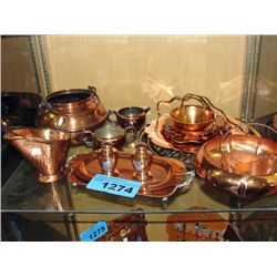 Shelf lot of assorted copper wares