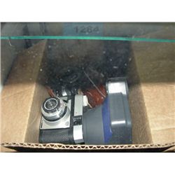 Box of assorted vintage cameras, lenses and