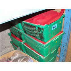 8 green plastic baskets filled with red paper
