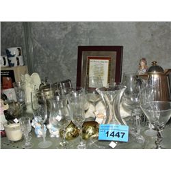 Shelf lot of assorted glasswares and decorative