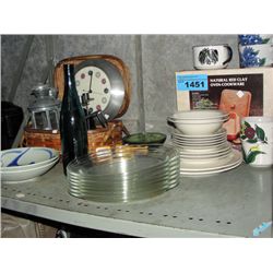 Shelf lot of household items; dish sets, wall