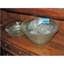 Pressed glass punch bowl set and chip bowl