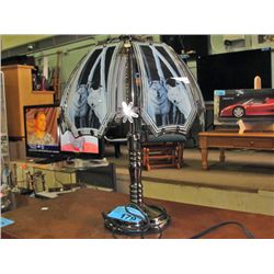 Metal and glass touch lamp with wolf motiff