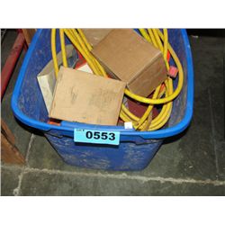 Blue plastic storage bin filled with tools