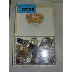 Cigar box of assorted coins, necklaces and watches