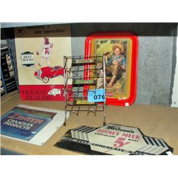 Shelf lot of advertising tins and assorted signs