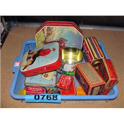 Small blue basket of assorted collectors tins and