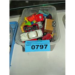 Blue basket filled with assorted diecast metal