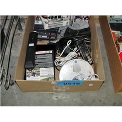 Box of assorted electronics; playstation games,