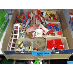 Box of assorted tin toy collectables and other