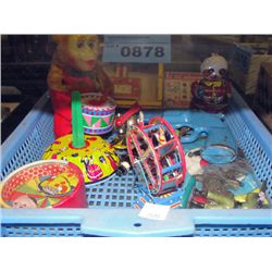Blue basket of assorted vintage collectors toys