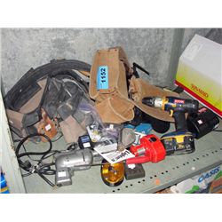 Shelf lot of assorted tools, carpenters belts, etc