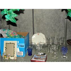 Shelf lot of misc glass ware, picture frames, etc