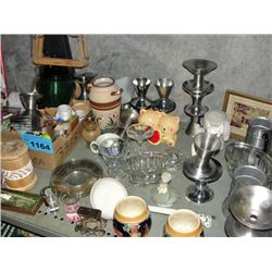 Shelf lot of glasswares, ceramics, misc household