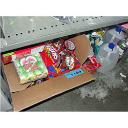 Shelf lot of assorted snacks and beverages