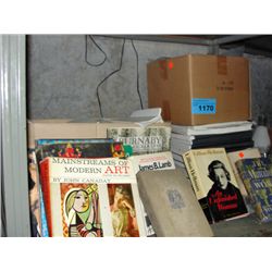 Shelf lot of assorted books and white paper