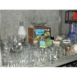 Shelf lot of assorted glasswares and household
