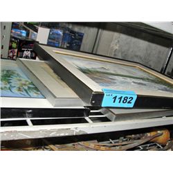 Shelf lot of framed pictures prints and original