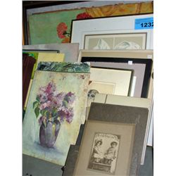Shelf lot of pictures prints and original art