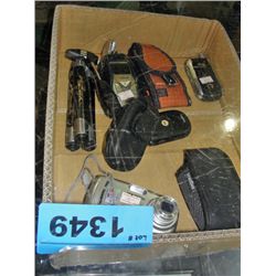 Box of cellular phones, camera tripod, cases, etc