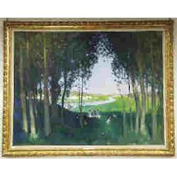 PIERRE EUGENE MONTEZIN (1874-1946) French school. "Pique-nique au bord de la riviere". A large oil o